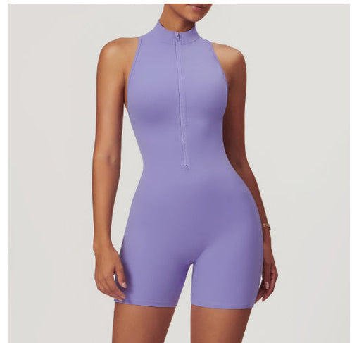 Fitness Yoga Jumpsuit With Zipper Summer Backless Shorts Jumpsuit